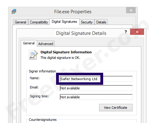 Screenshot of the Safer Networking Ltd. certificate